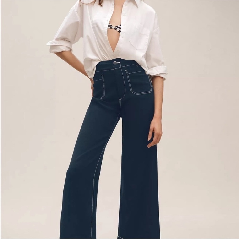 Anthropologie The Colette Crop Wide-Leg Linen Contrast Stitch Pants Size 28 NWT